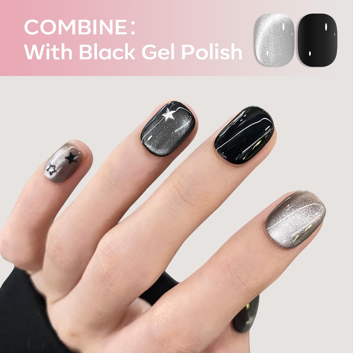 modelones 15 ML Silver Cat Eye Gel Nail Polish with 15ML Glitter Gel Top Coat - Image 5