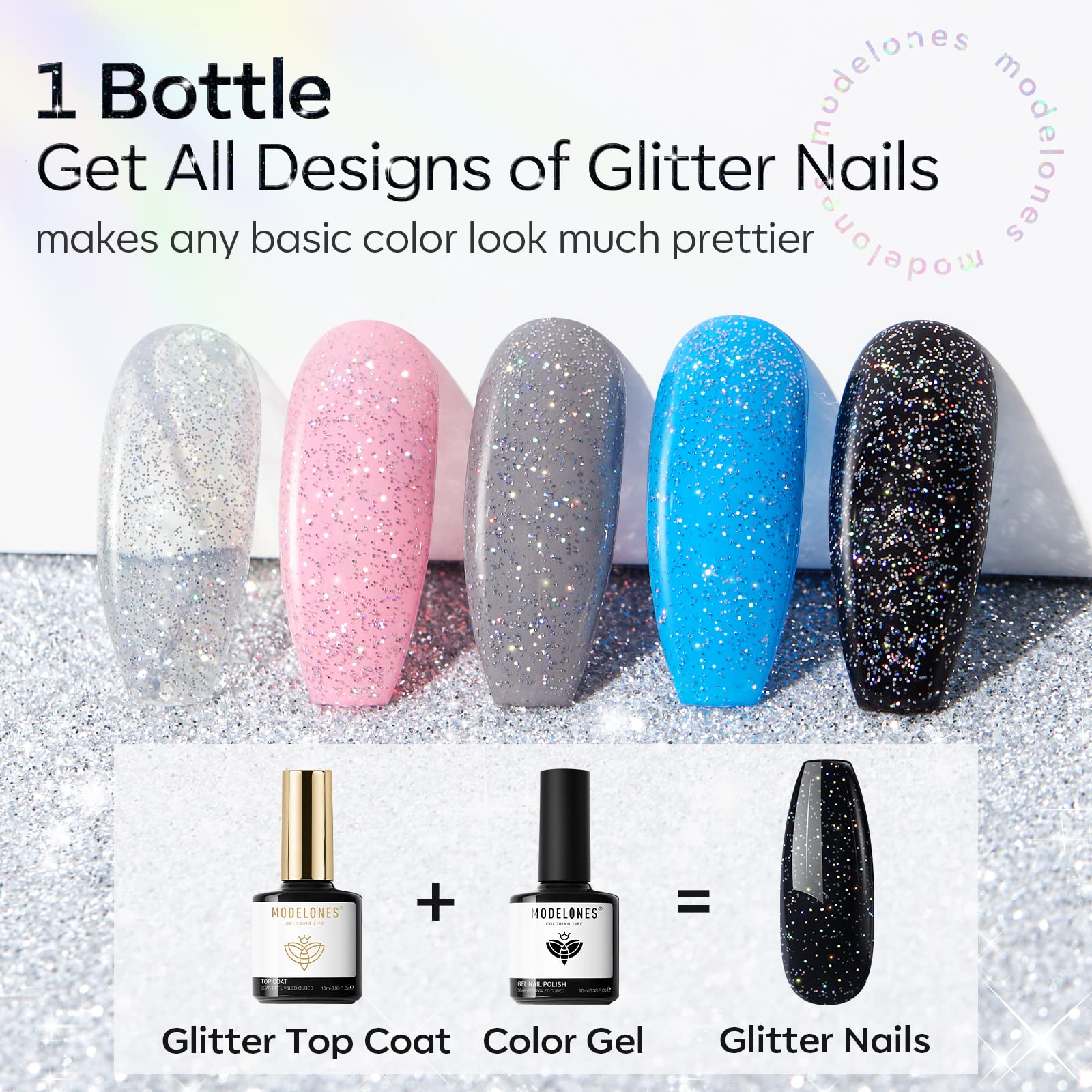 modelones 15 ML Silver Cat Eye Gel Nail Polish with 15ML Glitter Gel Top Coat - Image 6