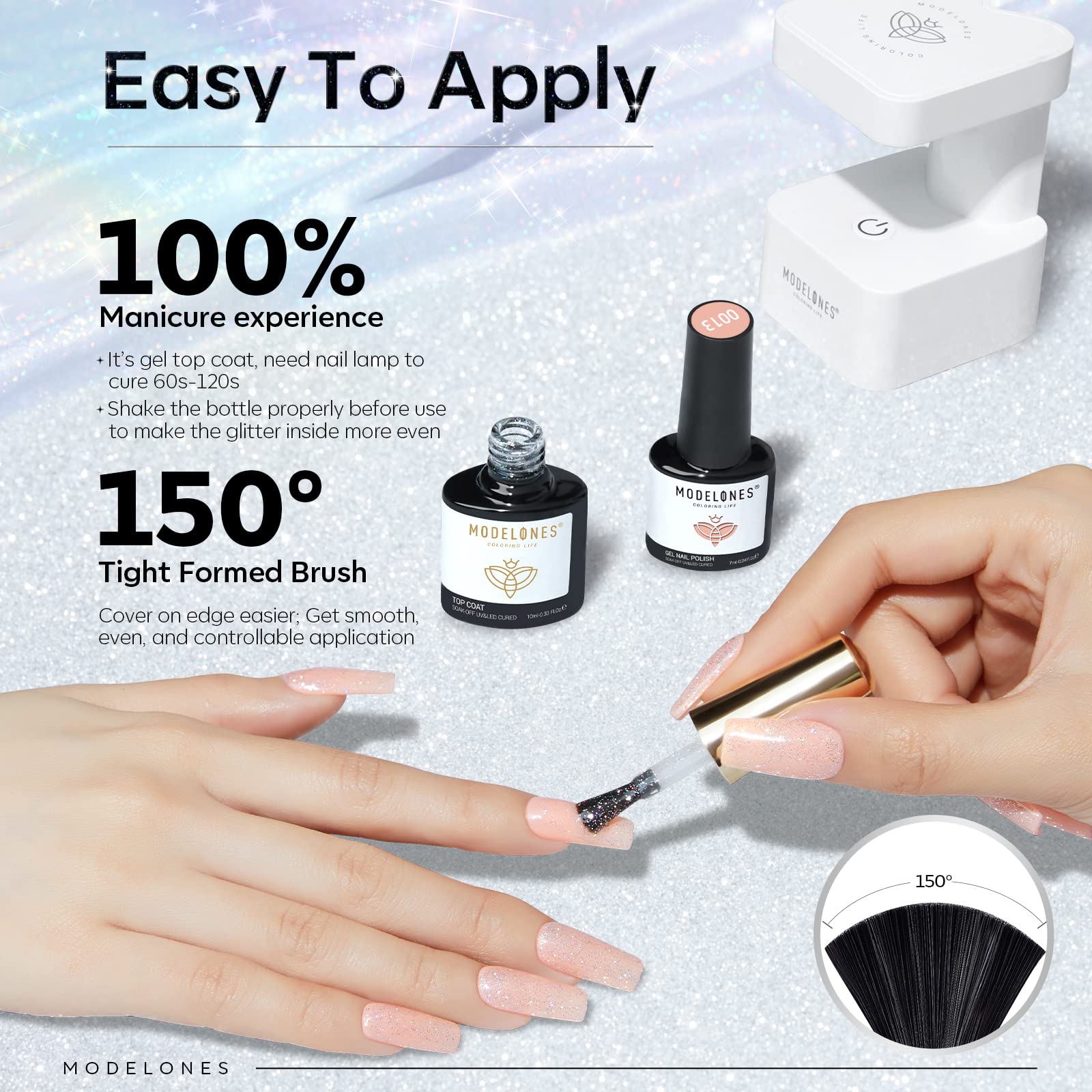 modelones 15 ML Silver Cat Eye Gel Nail Polish with 15ML Glitter Gel Top Coat - Image 9