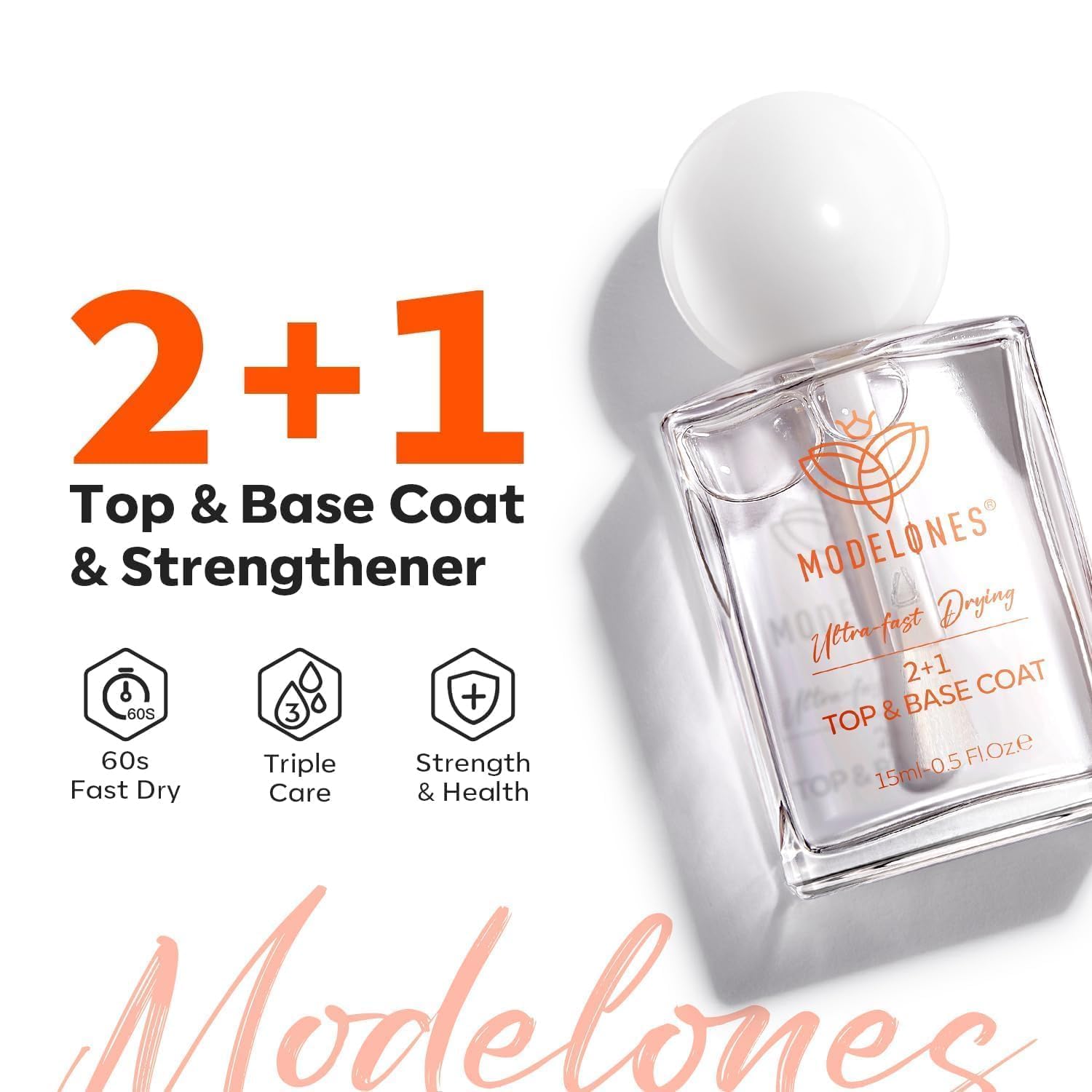 modelones 3 IN One Nail Polish Base Top Coat Nail Strengthener and Growth, 15 ml Quick Dry Clear Nail Lacquer Long Last Shine Chip Fade Resistant Nails Protect Care, Gift for Women Girls 0.5 Fl Oz - Image 3
