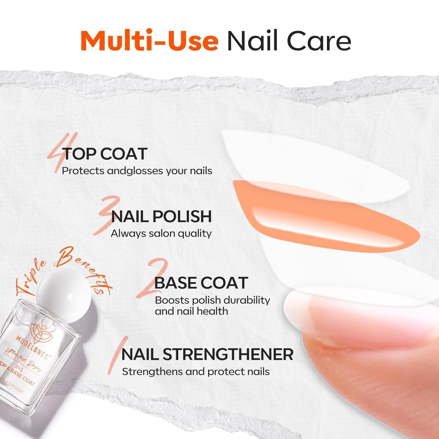 modelones 3 IN One Nail Polish Base Top Coat Nail Strengthener and Growth, 15 ml Quick Dry Clear Nail Lacquer Long Last Shine Chip Fade Resistant Nails Protect Care, Gift for Women Girls 0.5 Fl Oz - Image 7