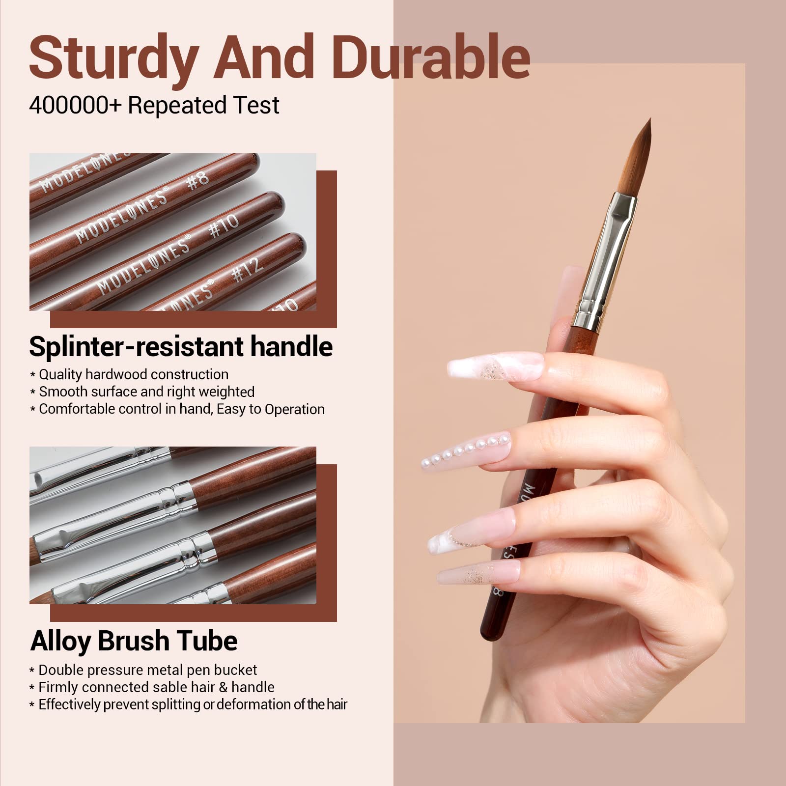 MODELONES Acrylic Nail Brush 100% Pure Kolinsky Hair Bristles Oval Crimped Shaped Sturdy Wooden Handle Acrylic Powder Nail Art Brush Professional Manicure Pedicure Size 8 - Image 3