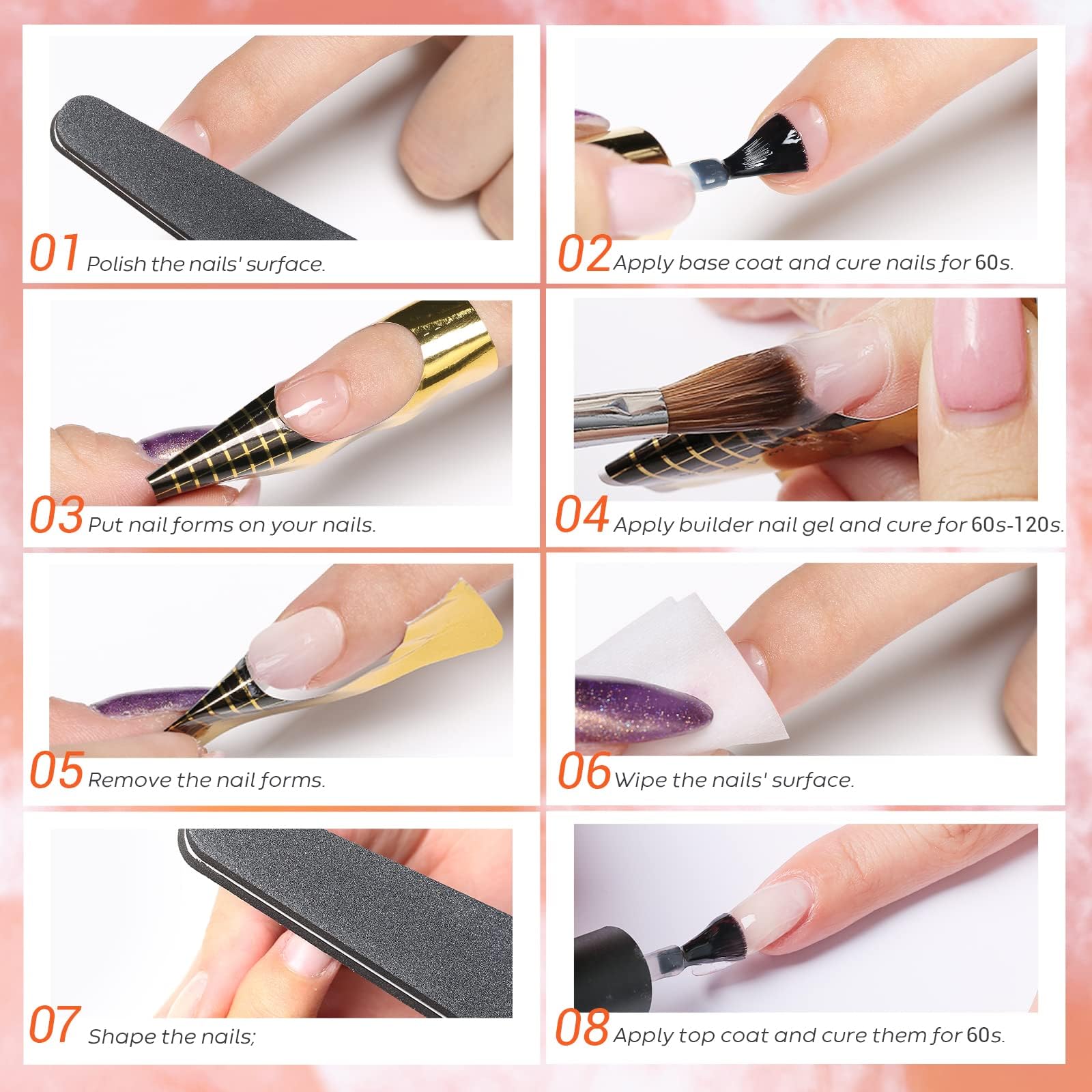 Modelones Builder Nail Gel Kit - Clear Extension Kit Hard Gel for Nails 2oz Strengthen Acrylic Manicure Art Set with 100PCS Dual Forms and Dual-use Acrylic Brush Professional DIY at Home - Image 7