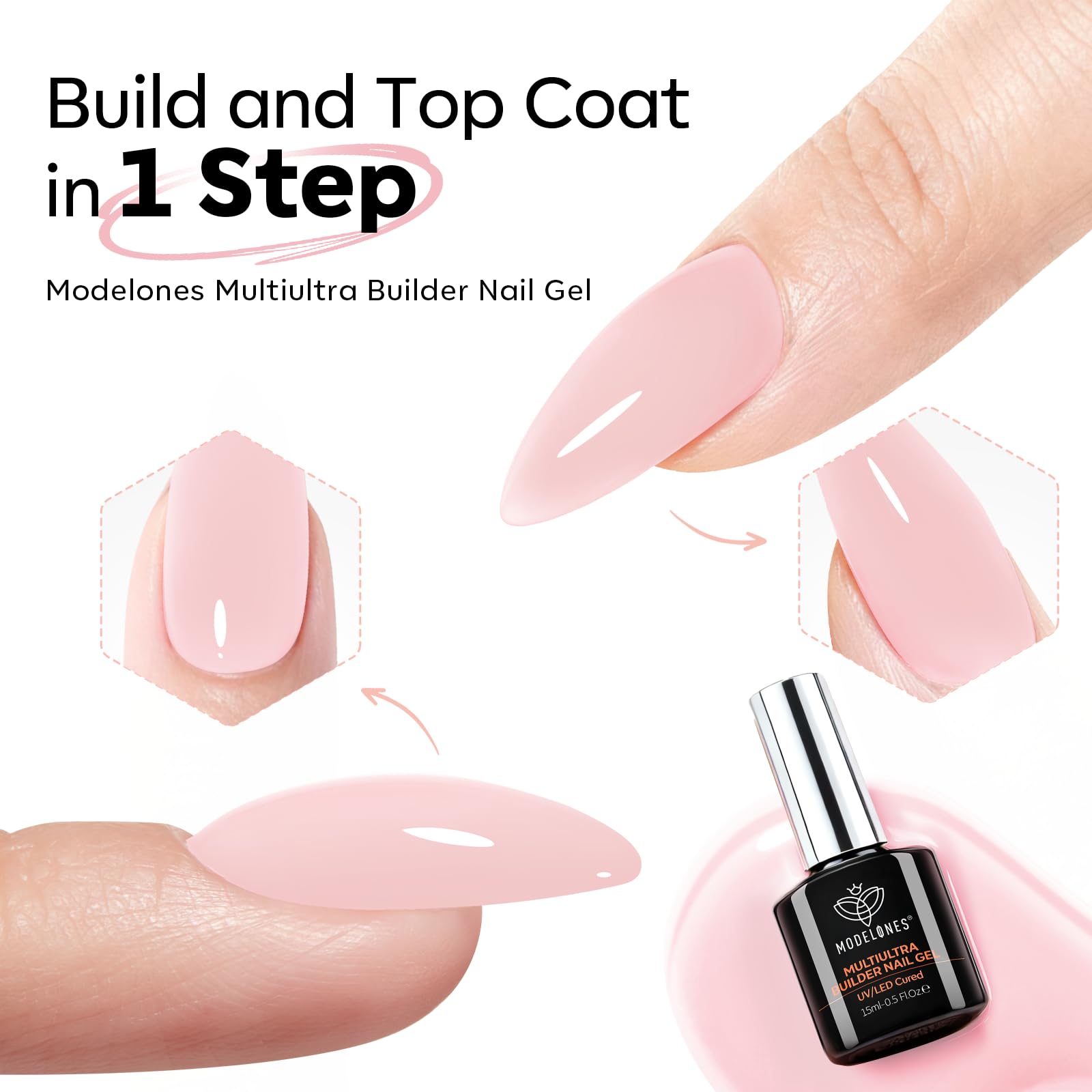 modelones Builder Nail Gel,No Top Coat Needed Builder for Nails Cover Nude, C-Curve Sculpting, Glossy Jelly Finish Nude Pink, No-Wipe, 9-in-One LED Lamp Cured Color Gel Polish for Quick Diy Salon - Image 3
