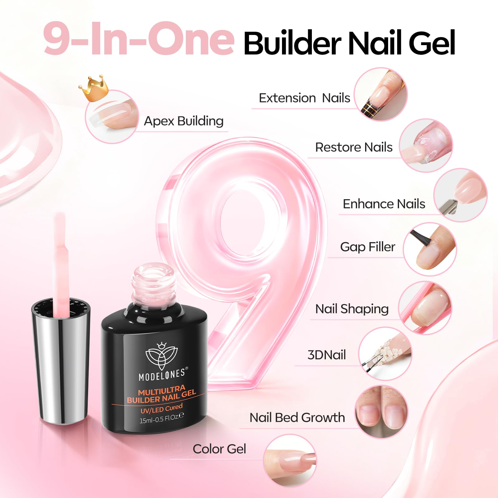 modelones Builder Nail Gel,No Top Coat Needed Builder for Nails Cover Nude, C-Curve Sculpting, Glossy Jelly Finish Nude Pink, No-Wipe, 9-in-One LED Lamp Cured Color Gel Polish for Quick Diy Salon - Image 7