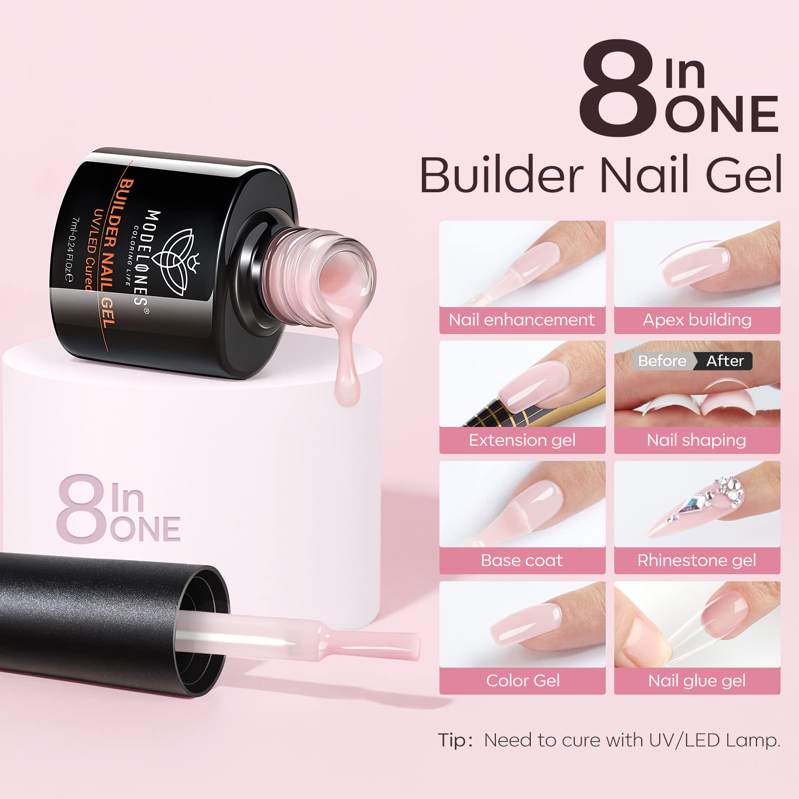 modelones Builder Nail Gel Set, 6 Colors 8-in-One, Jelly Pink & Gel Top Coat and Base Coat Set - Image 3