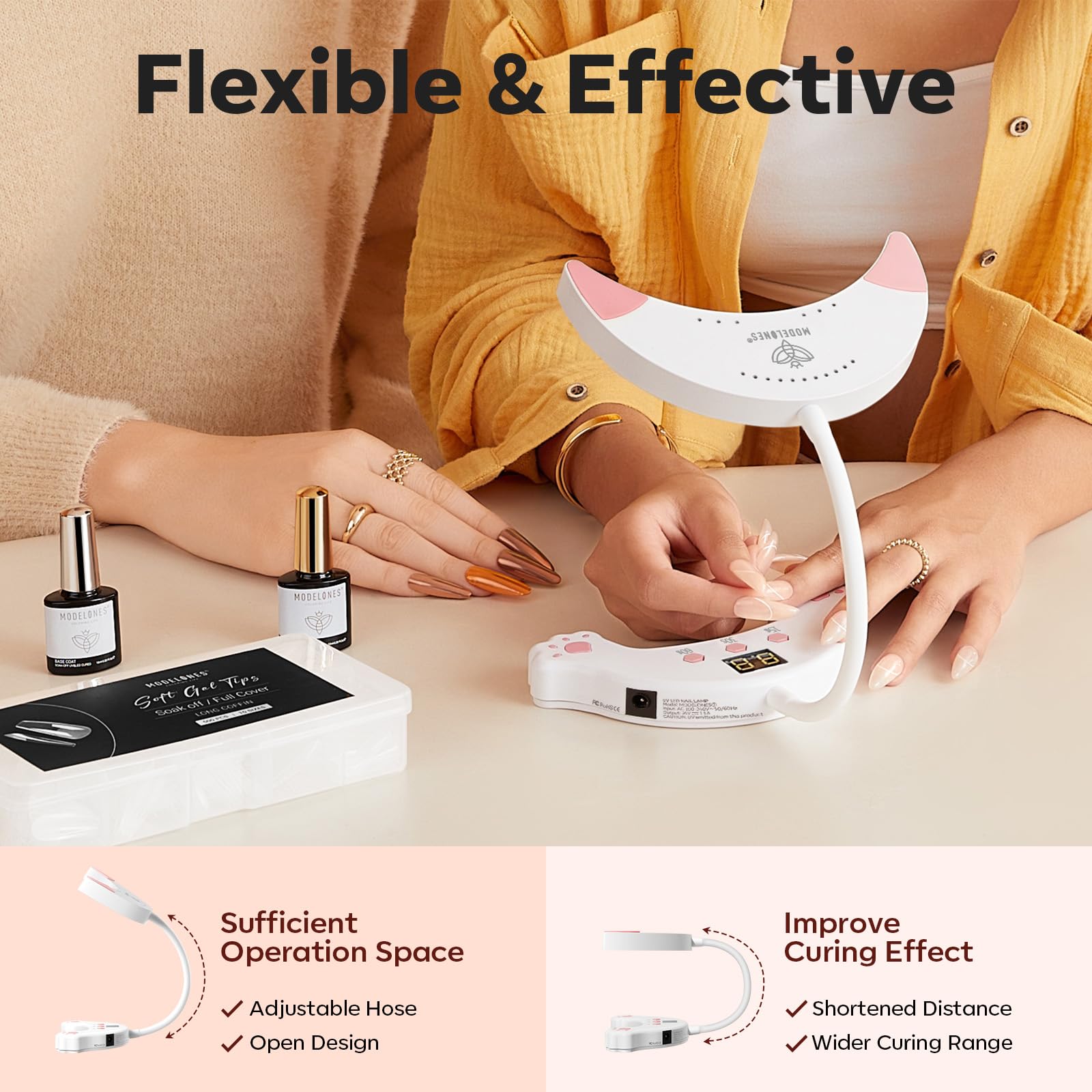 modelones Hema-Free Gel Base and Top Coat Set 2 Pcs & 48W U V LED Nail Lamp, Gooseneck U V Lamp - Image 6