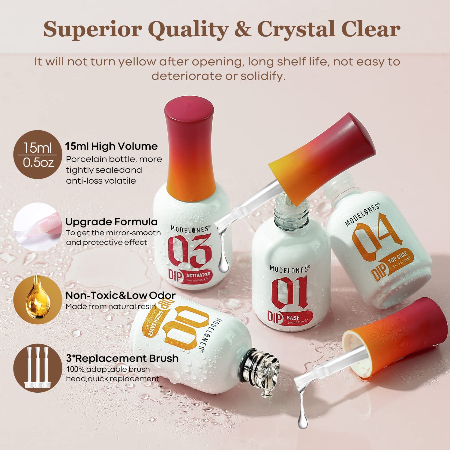 Modelones Dip Powder Liquid Set 4+4 Pcs, Dip Powder System Set with Base Coat/Top Coat/Activator/Brush Saver/Manicure Tools for Nail Kit Art DIY Salon - 15ml/0.5oz - Image 4