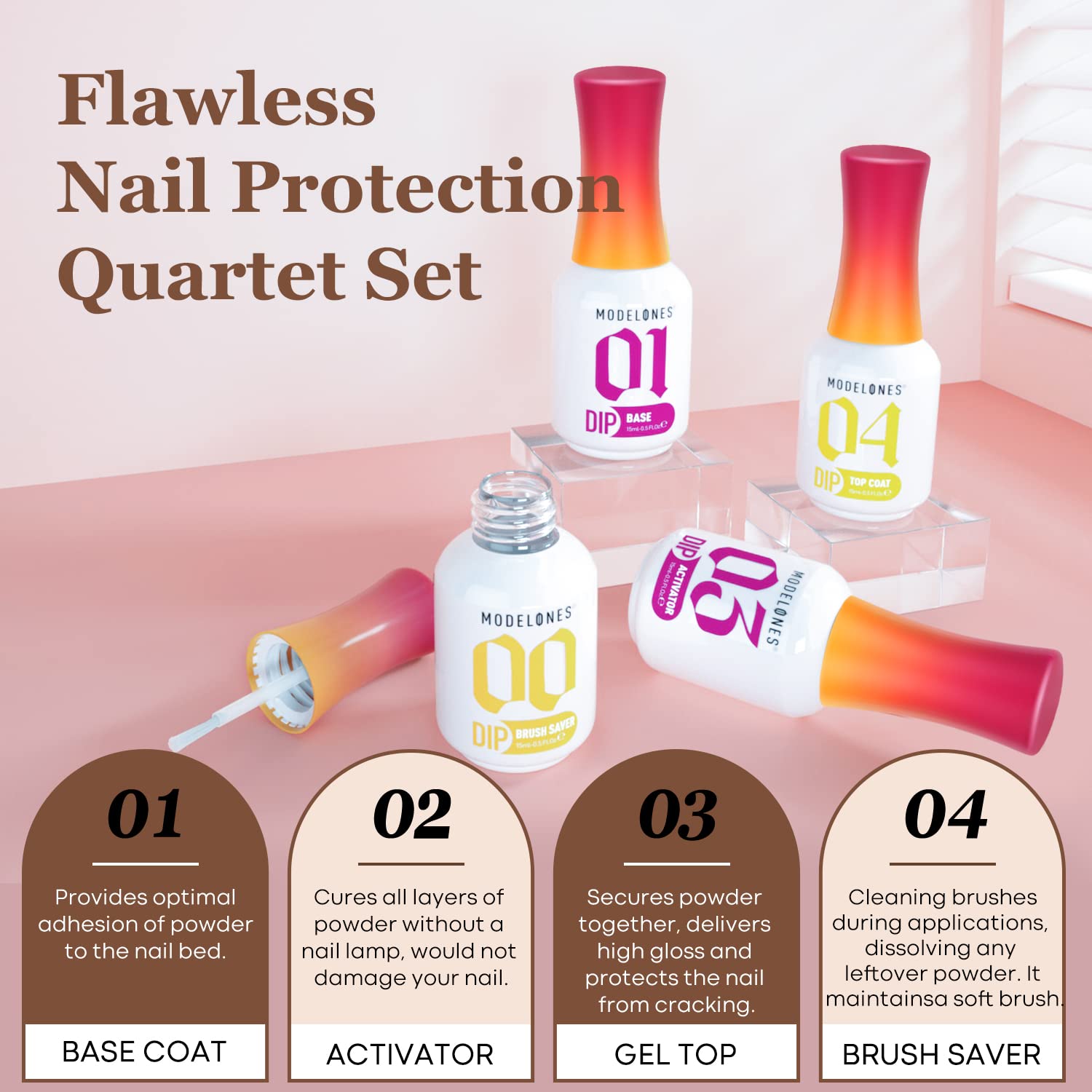 Modelones Dip Powder Liquid Set 4+4 Pcs, Dip Powder System Set with Base Coat/Top Coat/Activator/Brush Saver/Manicure Tools for Nail Kit Art DIY Salon - 15ml/0.5oz - Image 5