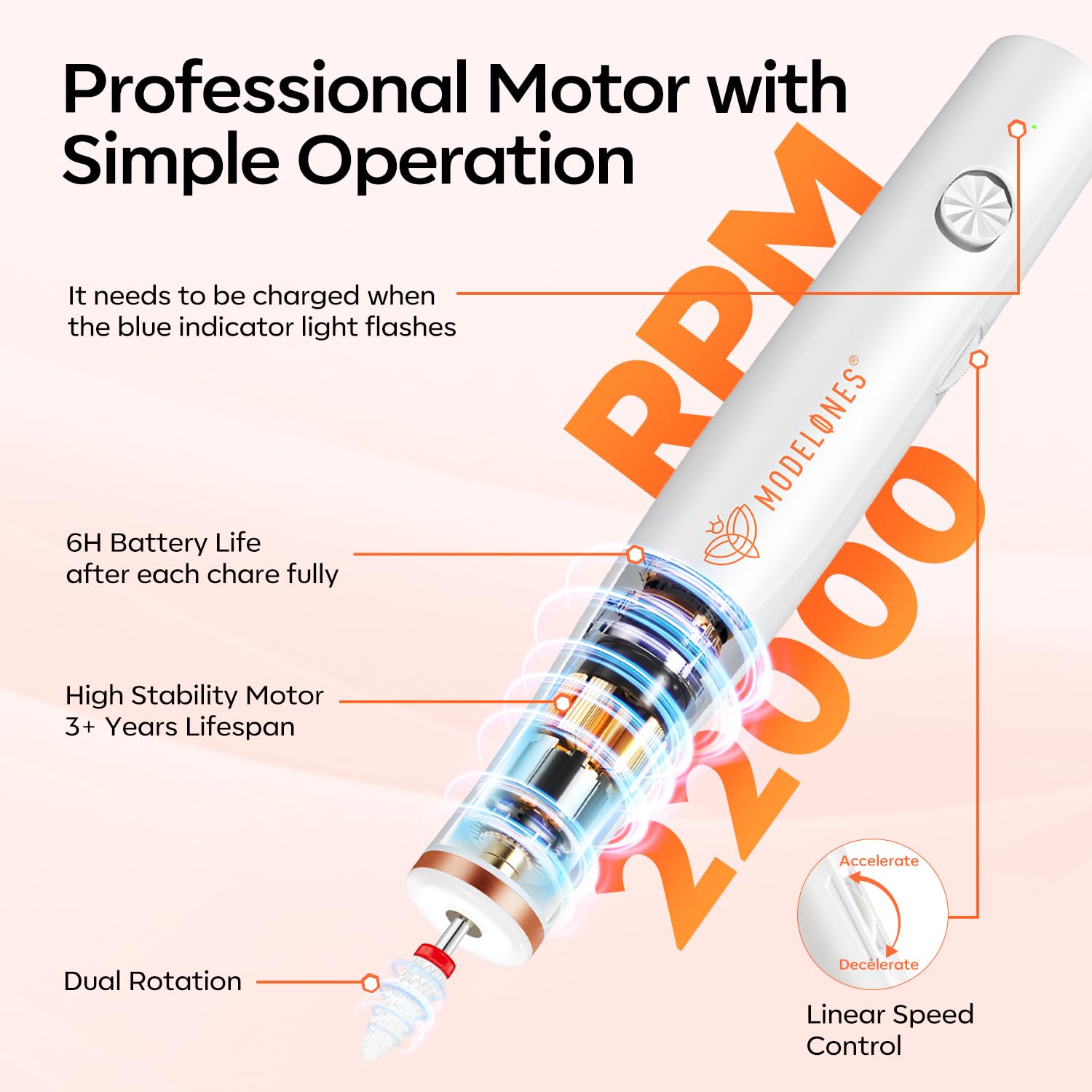 Modelones Electric Nail Drill, 14 Pcs Cordless Nail File with LED Light for Acrylic Gel Dip Powder Nails, Professional Nail Efile Kit with Nail Drill Bits & Sanding Bands for Quick Manicure Pedicure - Image 3