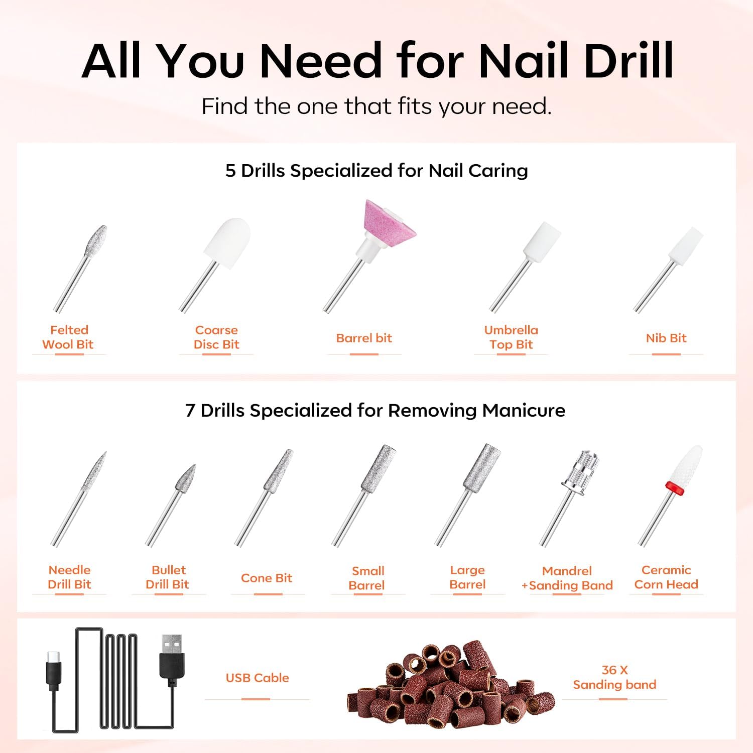 Modelones Electric Nail Drill, 14 Pcs Cordless Nail File with LED Light for Acrylic Gel Dip Powder Nails, Professional Nail Efile Kit with Nail Drill Bits & Sanding Bands for Quick Manicure Pedicure - Image 4