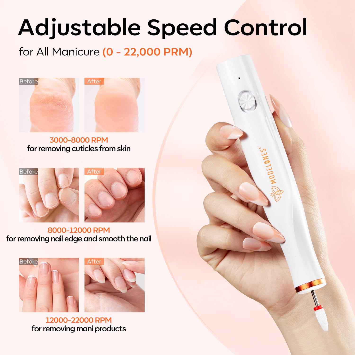 Modelones Electric Nail Drill, 14 Pcs Cordless Nail File with LED Light for Acrylic Gel Dip Powder Nails, Professional Nail Efile Kit with Nail Drill Bits & Sanding Bands for Quick Manicure Pedicure - Image 5