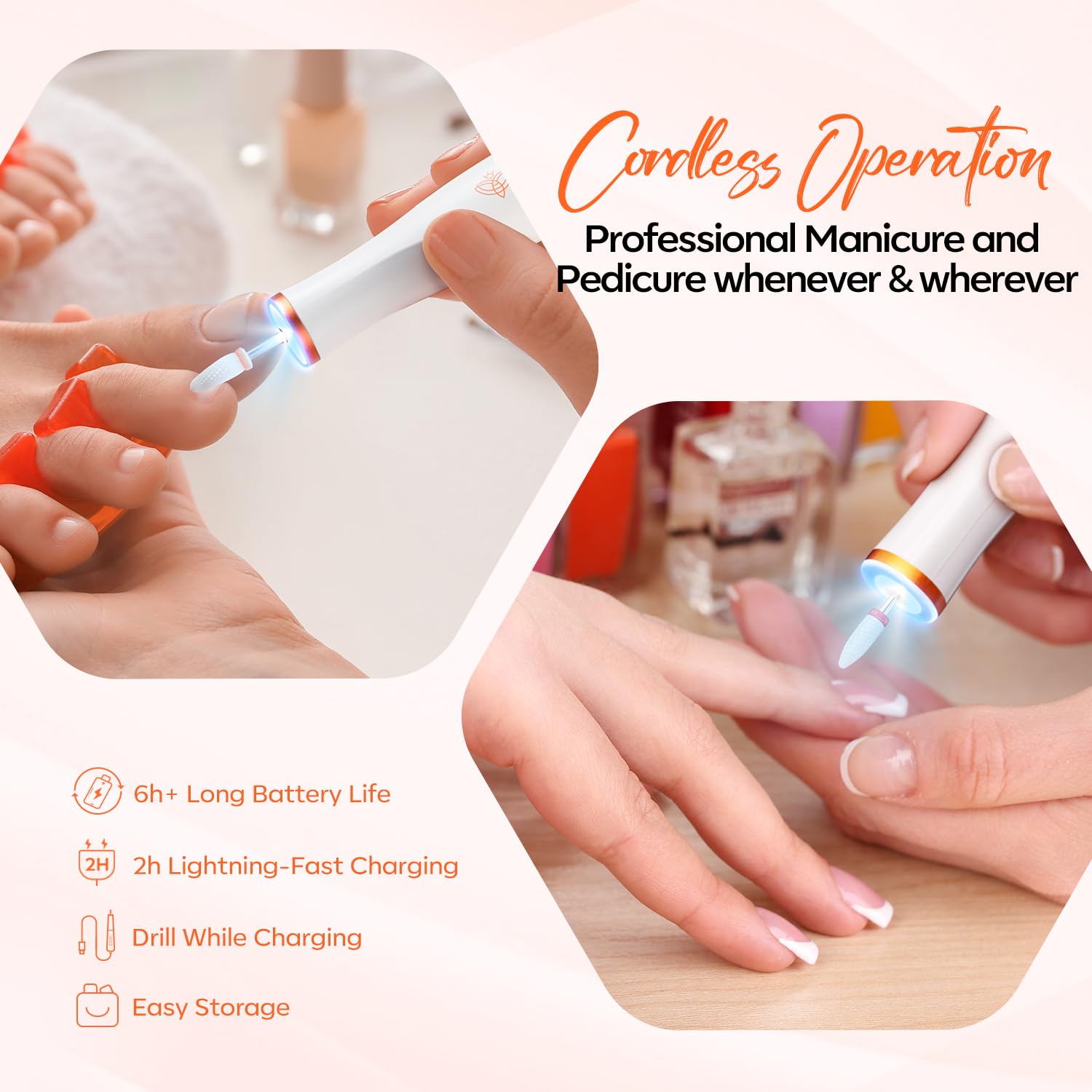 Modelones Electric Nail Drill, 14 Pcs Cordless Nail File with LED Light for Acrylic Gel Dip Powder Nails, Professional Nail Efile Kit with Nail Drill Bits & Sanding Bands for Quick Manicure Pedicure - Image 7