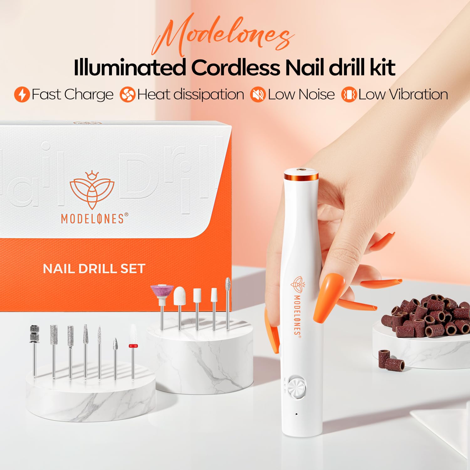 Modelones Electric Nail Drill, 14 Pcs Cordless Nail File with LED Light for Acrylic Gel Dip Powder Nails, Professional Nail Efile Kit with Nail Drill Bits & Sanding Bands for Quick Manicure Pedicure - Image 8