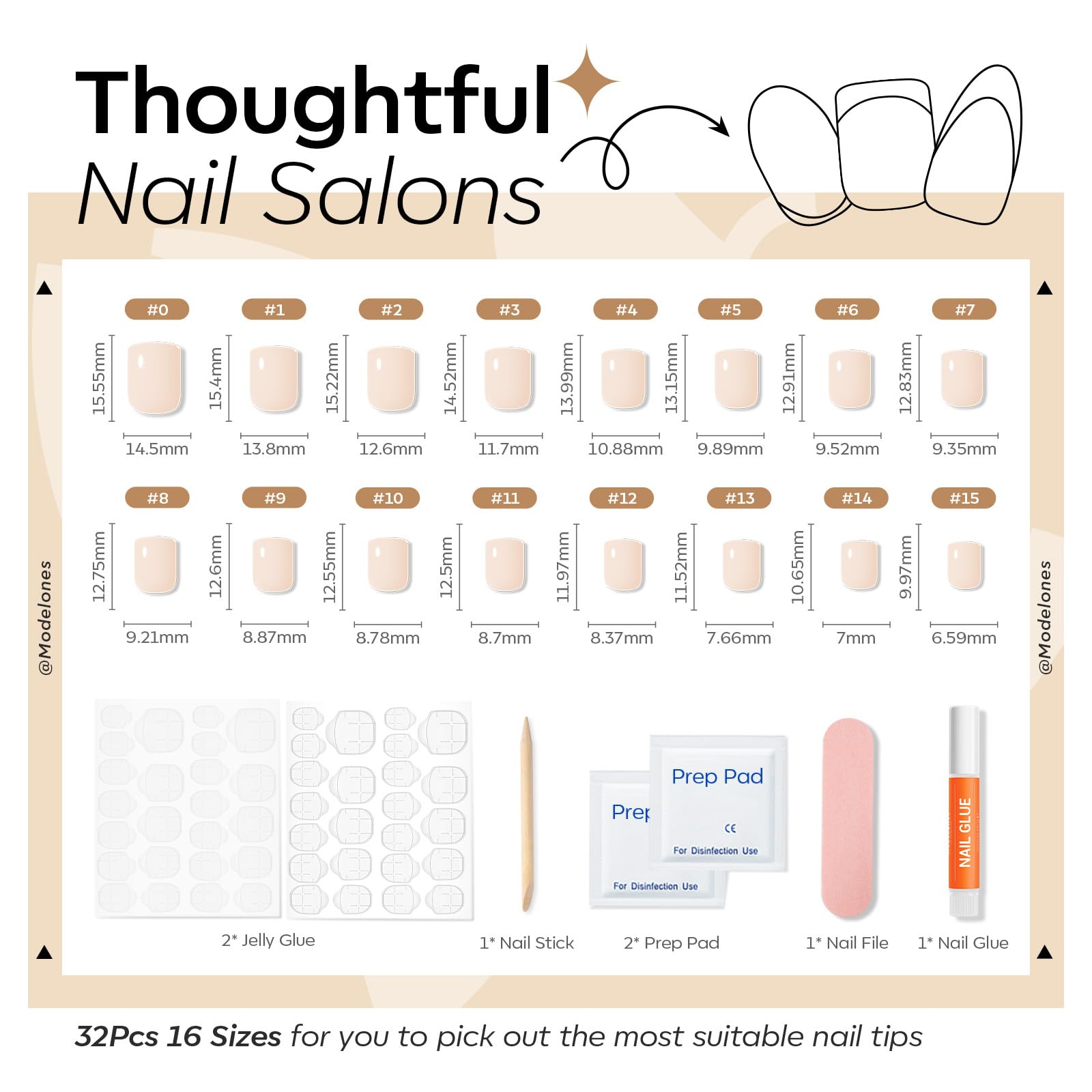 Modelones Extra Short Press on Nails, Milky White Squoval Fake Nails, Reusable Nail Kit with Nail Glue Adhesive Tabs Mini Nail File, Nails Press Ons 32Pcs 16 Sizes, Spring Women Girl Gift - Image 6
