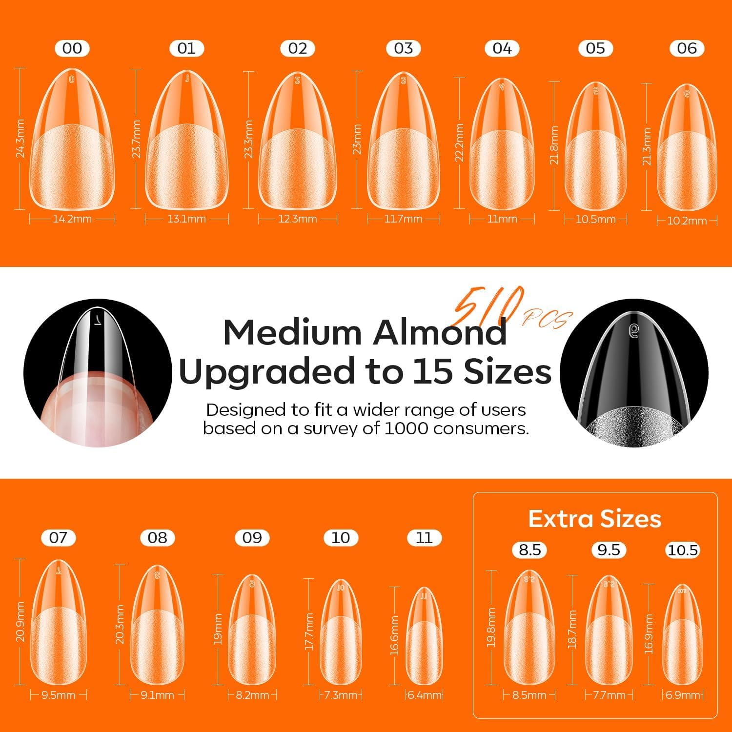 modelones Gel Nail Kit Almond, Upgrade 15Sizes Fake Nails, 9-in-One Glue Dehydrator & Mini U V Light Clipper, 510Pcs Medium Almond Press on Tips for Extension DIY Salon Home Gift (Pack of 2) - Image 3