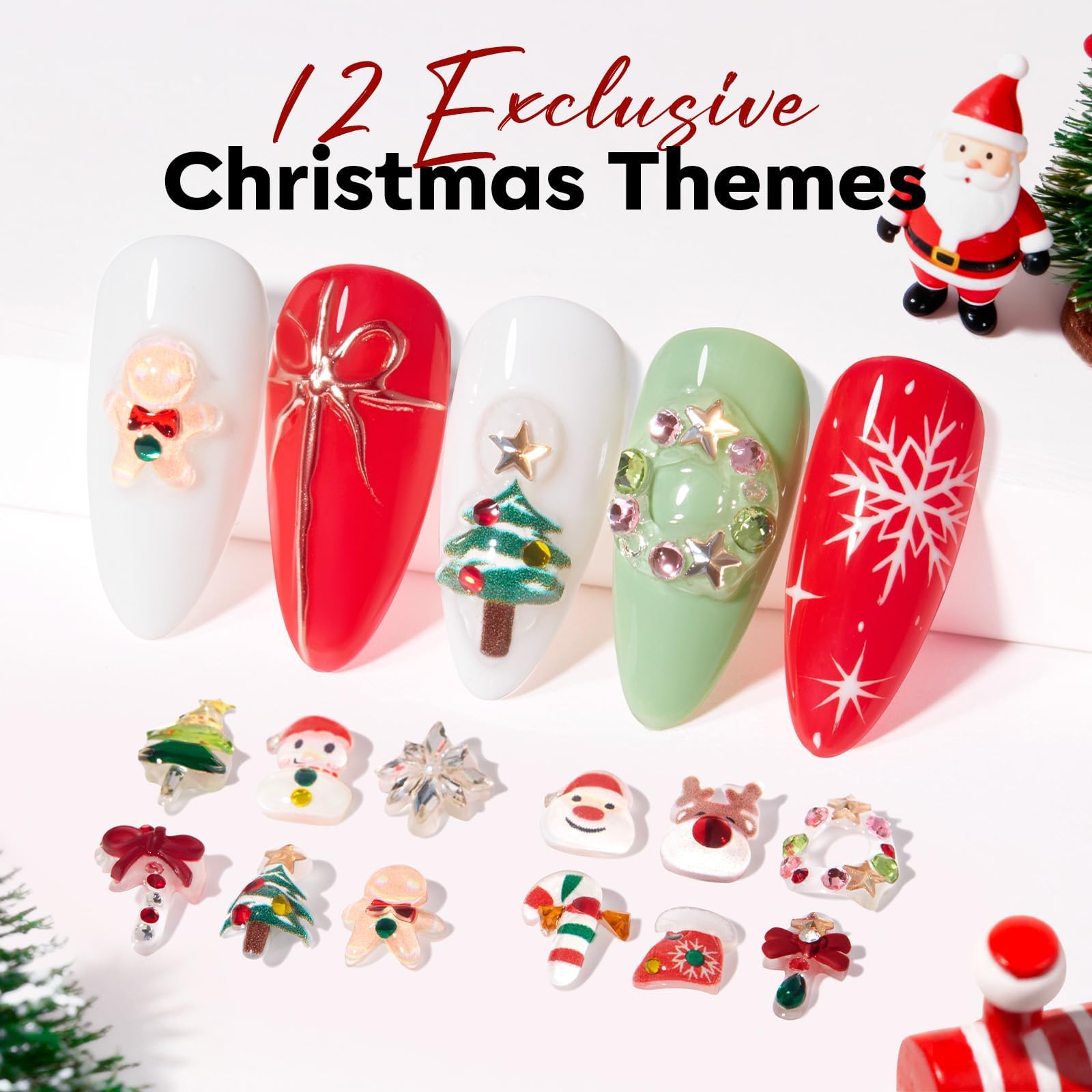 modelones Gel Nail Polish Nail Charms 12Pcs Christmas 3D Nail Gems Templates Christmas Tree Santa Claus Reindeer Snowman Snowflakes Gingerbread Man Nail Rhinestones for Winter Holiday DIY Nail Art - Image 4