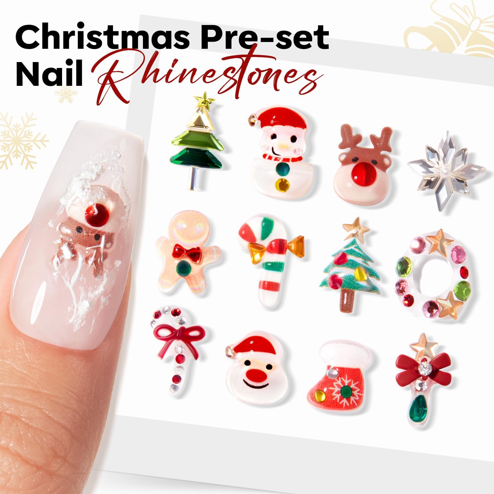 modelones Gel Nail Polish Nail Charms 12Pcs Christmas 3D Nail Gems Templates Christmas Tree Santa Claus Reindeer Snowman Snowflakes Gingerbread Man Nail Rhinestones for Winter Holiday DIY Nail Art - Image 6