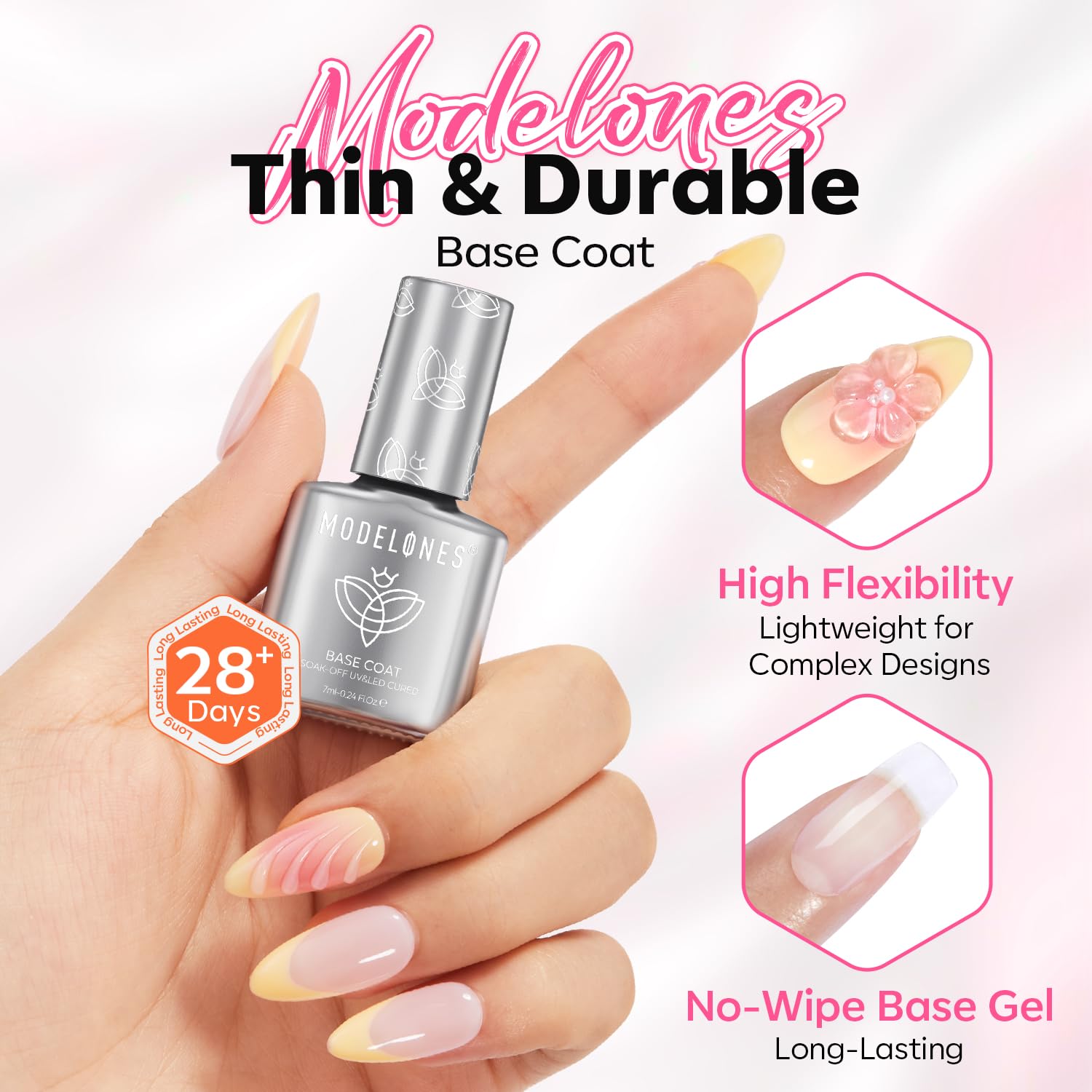 modelones Gel Top Coat and Base Gel Polish, 3 PCS Clear Glossy and Chrome Proof Matte Top Coat No Wipe, Base Coat Nail Polish Upgrade Formula Pro Manicure Essential Kit Gift for Women Girls Starter - Image 3
