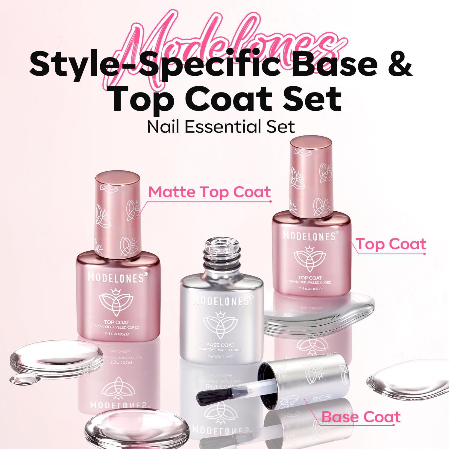modelones Gel Top Coat and Base Gel Polish, 3 PCS Clear Glossy and Chrome Proof Matte Top Coat No Wipe, Base Coat Nail Polish Upgrade Formula Pro Manicure Essential Kit Gift for Women Girls Starter - Image 8