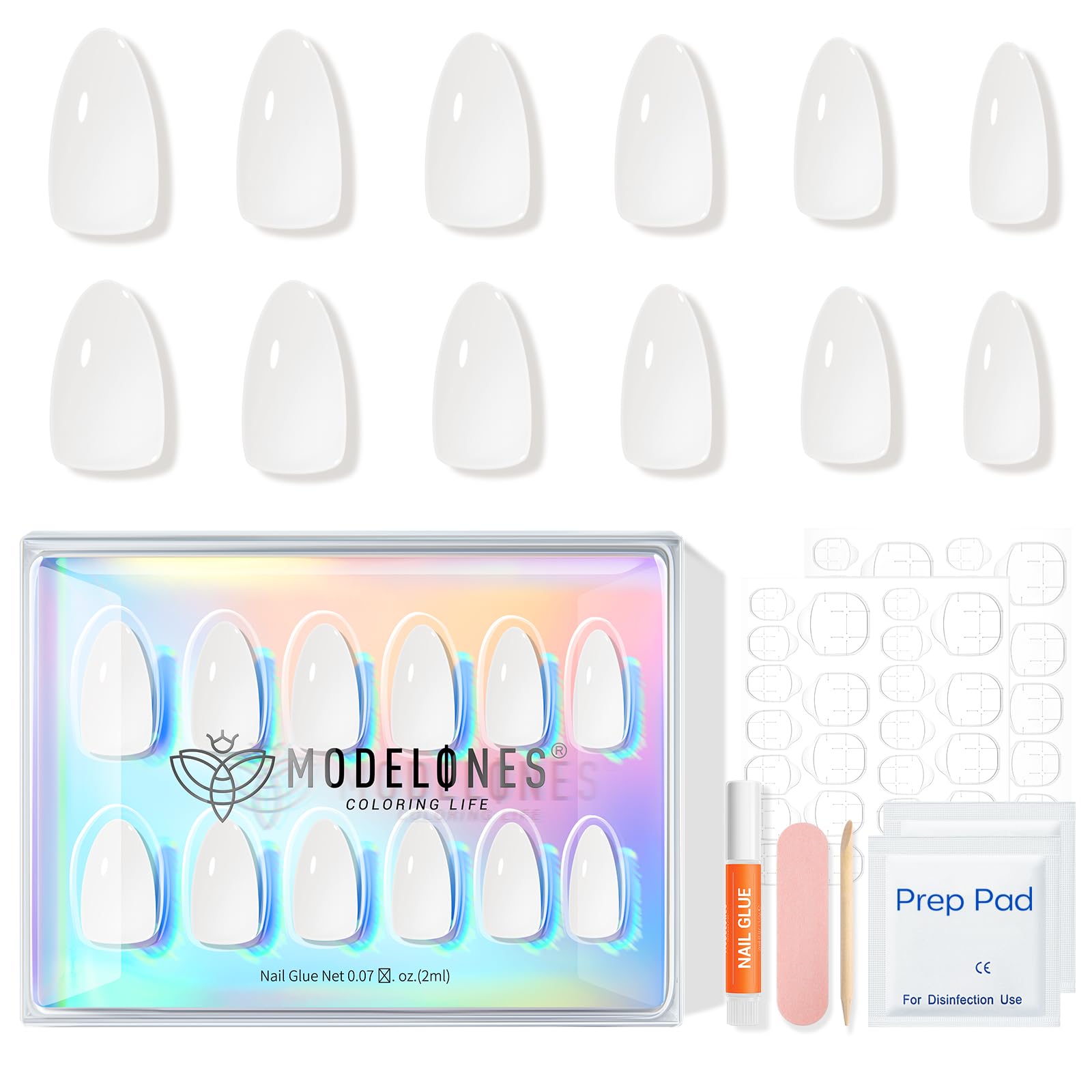 Modelones Jelly White Press on Nails Almond, Short Fake Nails, Reusable Nail Kit with Nail Glue Adhesive Tabs Mini Nail File, Nails Press Ons 32Pcs 16 Sizes, Women Girl Gift ﻿ - Image 4