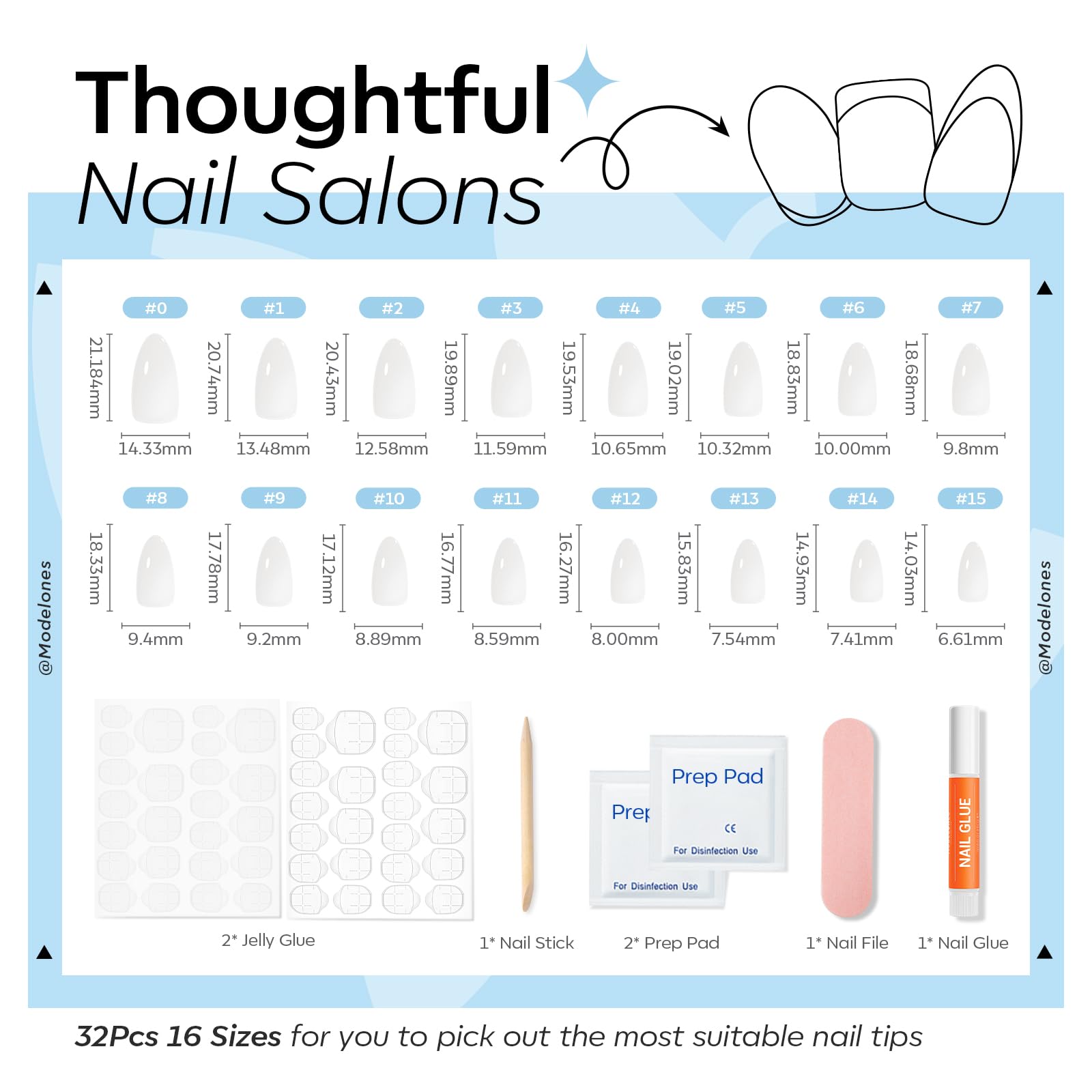 Modelones Jelly White Press on Nails Almond, Short Fake Nails, Reusable Nail Kit with Nail Glue Adhesive Tabs Mini Nail File, Nails Press Ons 32Pcs 16 Sizes, Women Girl Gift ﻿ - Image 5