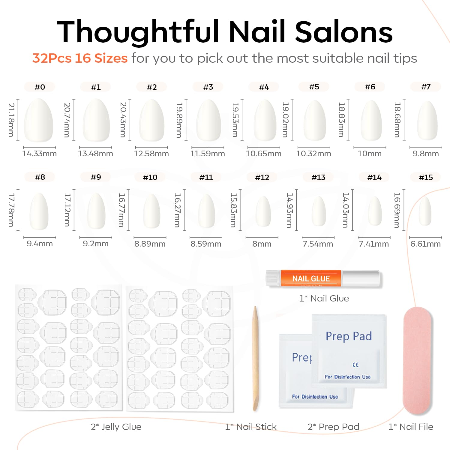 Modelones Milky White Press on Nails Almond, Summer Short Fake Nails, Reusable Nail Kit with Nail Glue Adhesive Tabs Mini Nail File, Nails Press Ons 32Pcs 16 Sizes, Women Girl Gift - Image 3