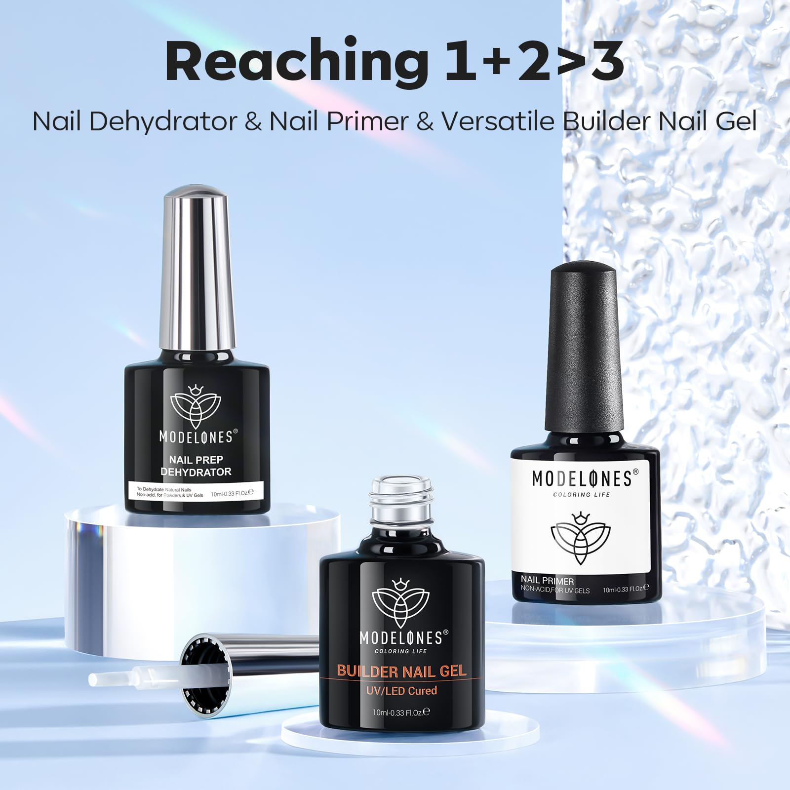 modelones Nail Thickening Solution, Dehydrator and Primer & Builder Nail Gel, 3Pcs Prep Dehydrate & Bond Primer Clear Gel Builder Polish Base Coat for Strengthener Apex Building, LED Lamp Cured 10ml - Image 9