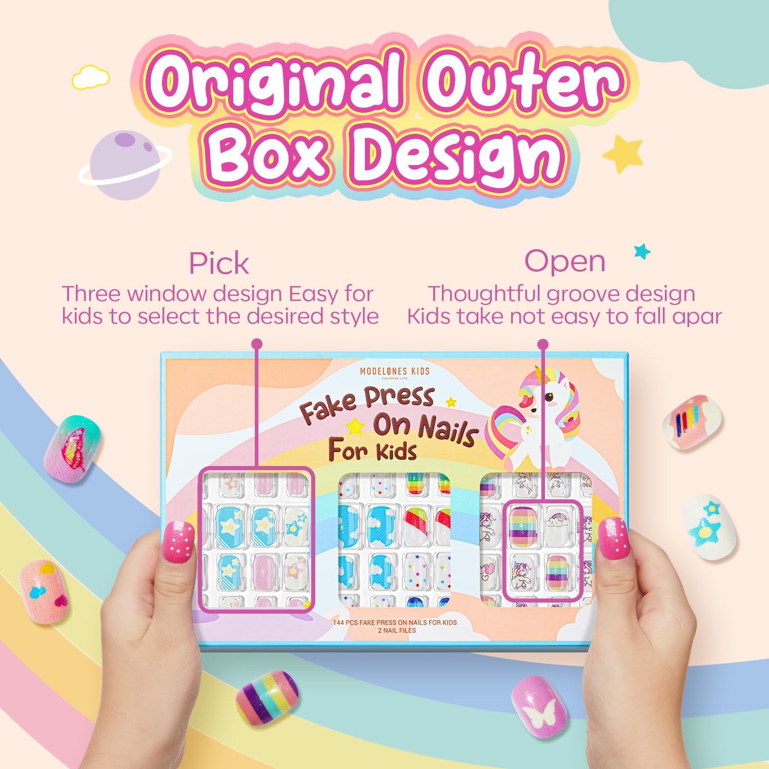 Modelones Press on Nails for Kids 144Pcs 6 Pack Children Acrylic Fake Nails Pre-glue Full Cover Glitter Color Butterfly Unicorn Short False Nail Kits Sets Thanksgiving Christmas Gifts for Girls - Image 5