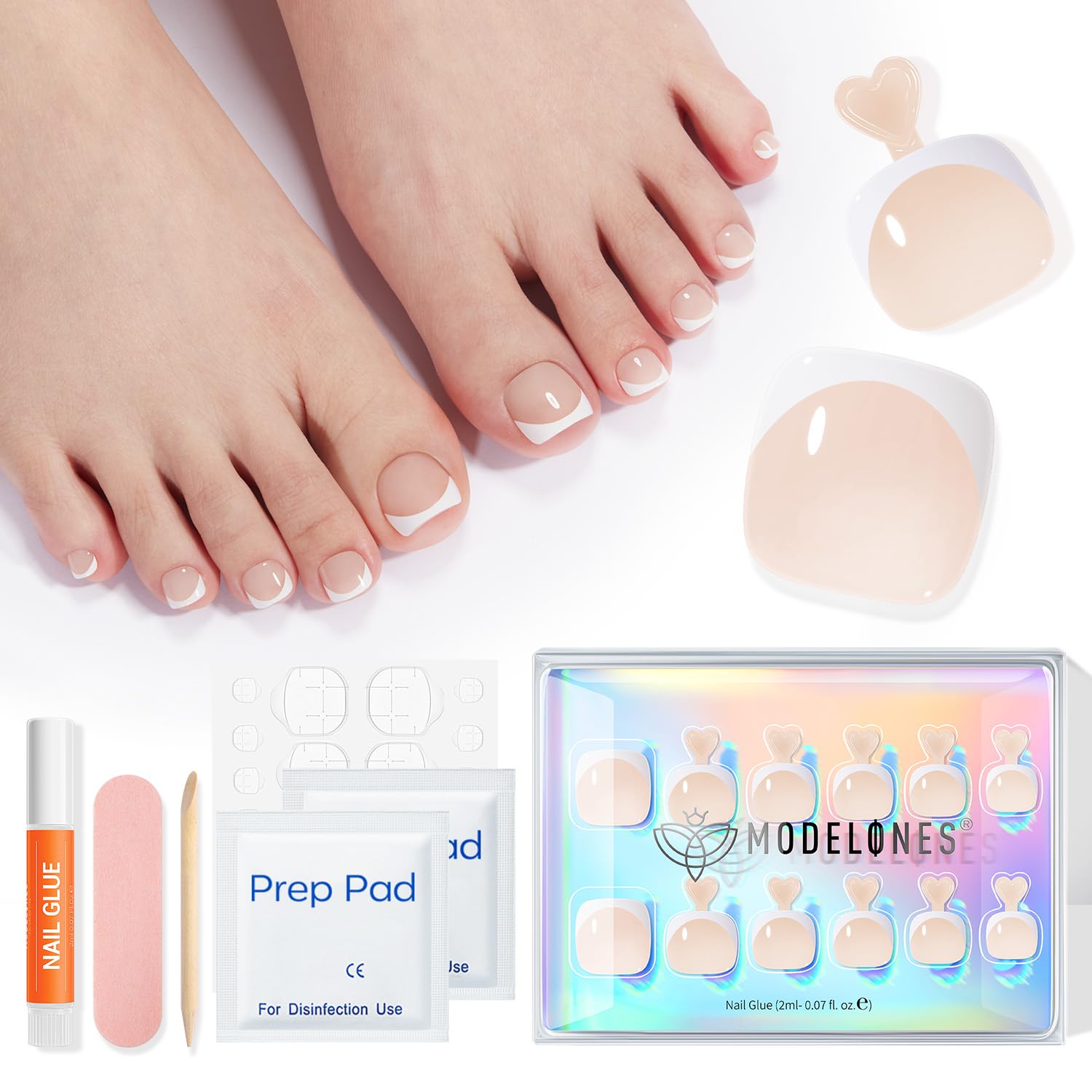 Modelones Press on Toenails Short, Nude French Tip Toe Nails Square, Reusable Nail Kit with Nail Glue Adhesive Tabs Mini Nail File, Toe Nails 36Pcs 18Sizes, Summer Spring Women Girl Gift - Image 9