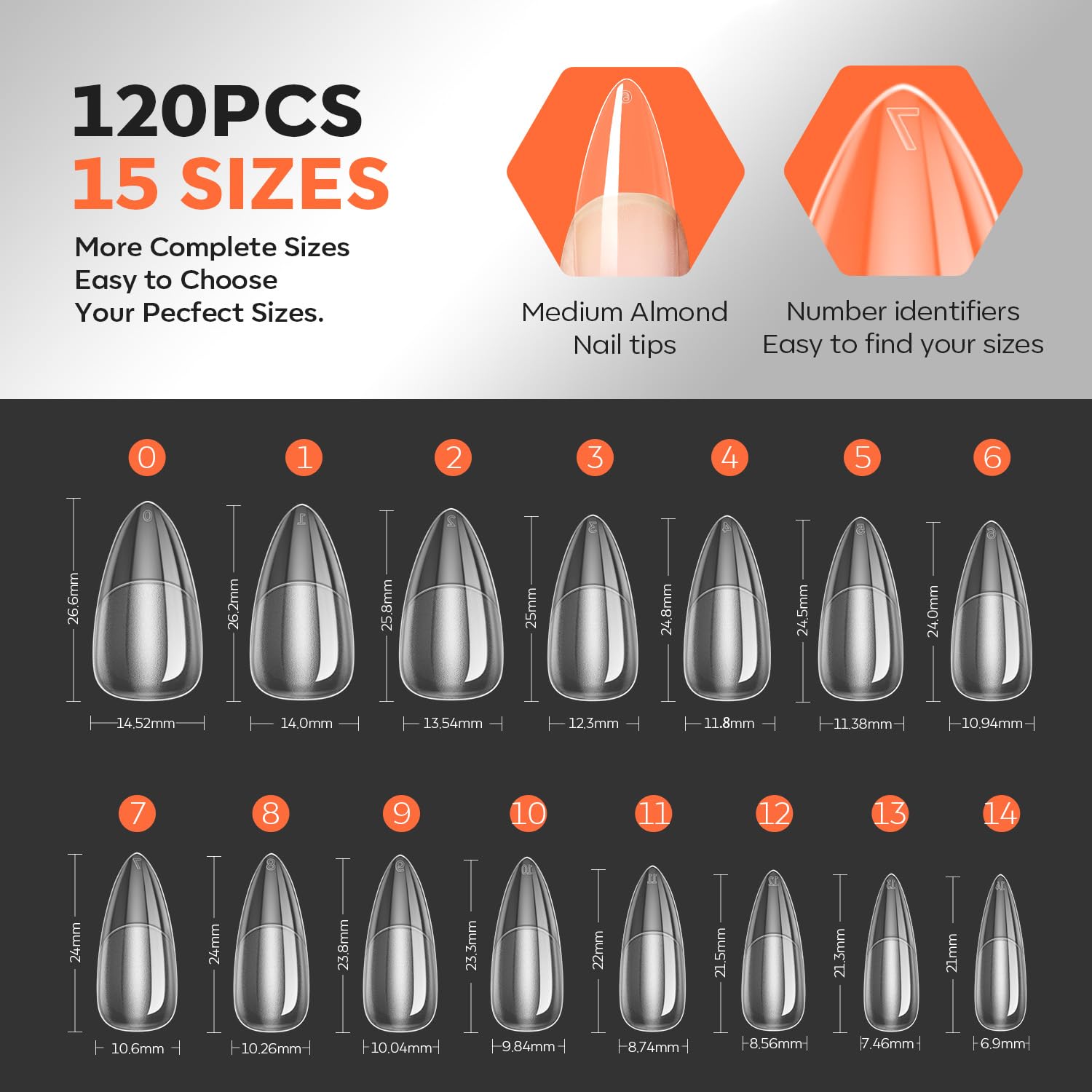 modelones Pro Luxe Instant Nail Apex Tips 15 Sizes, Medium Almond Extension Gel Tips Pre-building & Pre-etched Thicker Strength Acrylic Fake Nails Full Cover 120 Pcs - Image 6