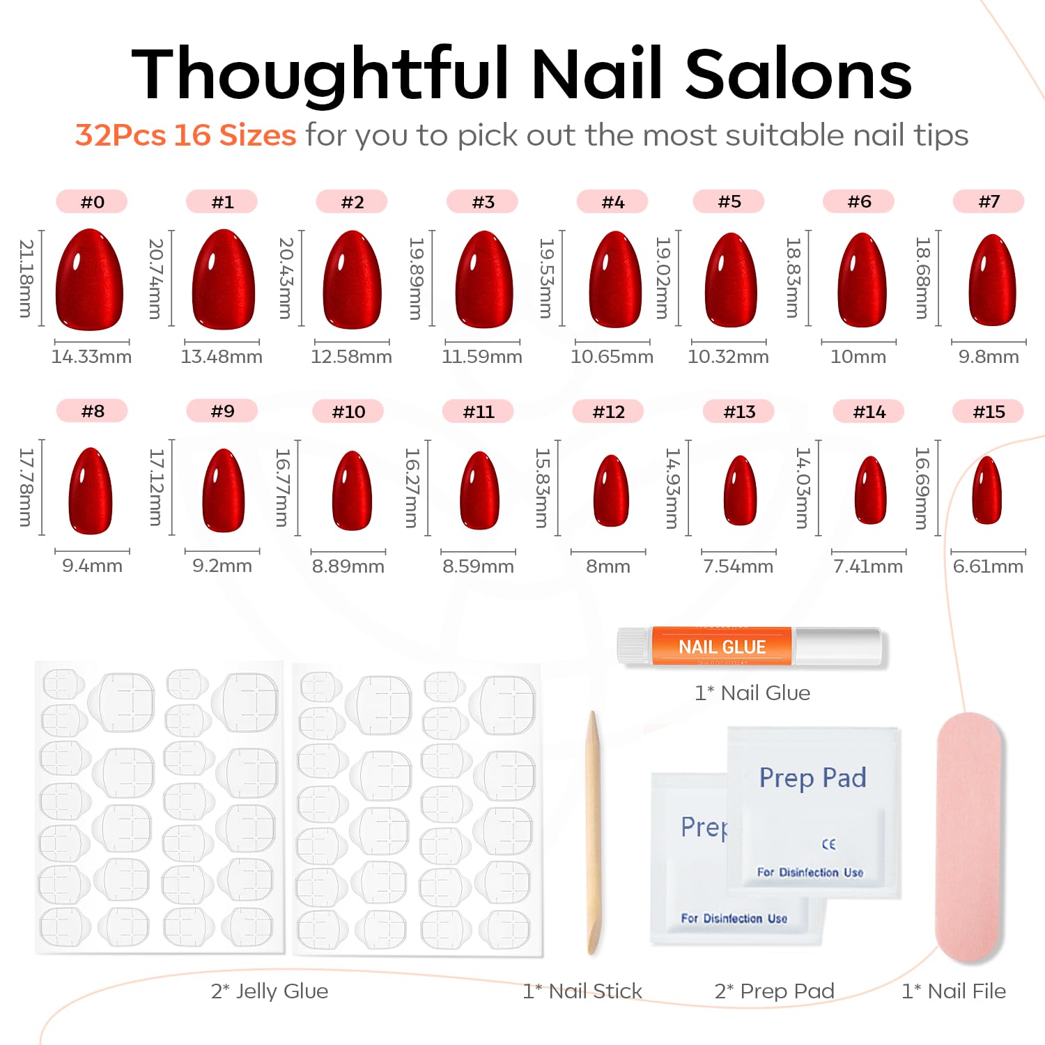 Modelones Red Cat Eye Press on Nails Almond, Spring Short Fake Nails, Reusable Nail Kit with Nail Glue Adhesive Tabs Mini Nail File, Nails Press Ons 32Pcs 16 Sizes, Women Girl Gift - Image 3