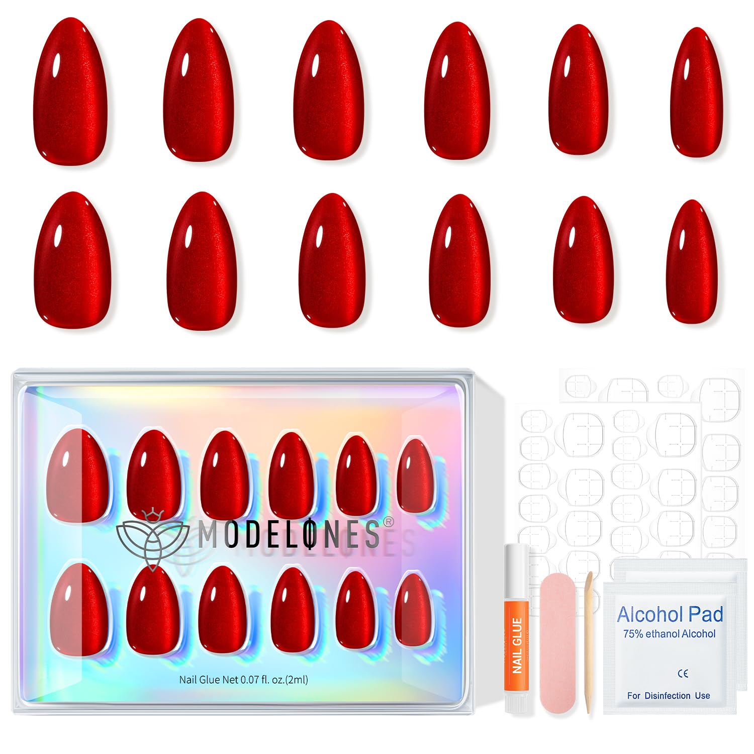 Modelones Red Cat Eye Press on Nails Almond, Spring Short Fake Nails, Reusable Nail Kit with Nail Glue Adhesive Tabs Mini Nail File, Nails Press Ons 32Pcs 16 Sizes, Women Girl Gift - Image 7