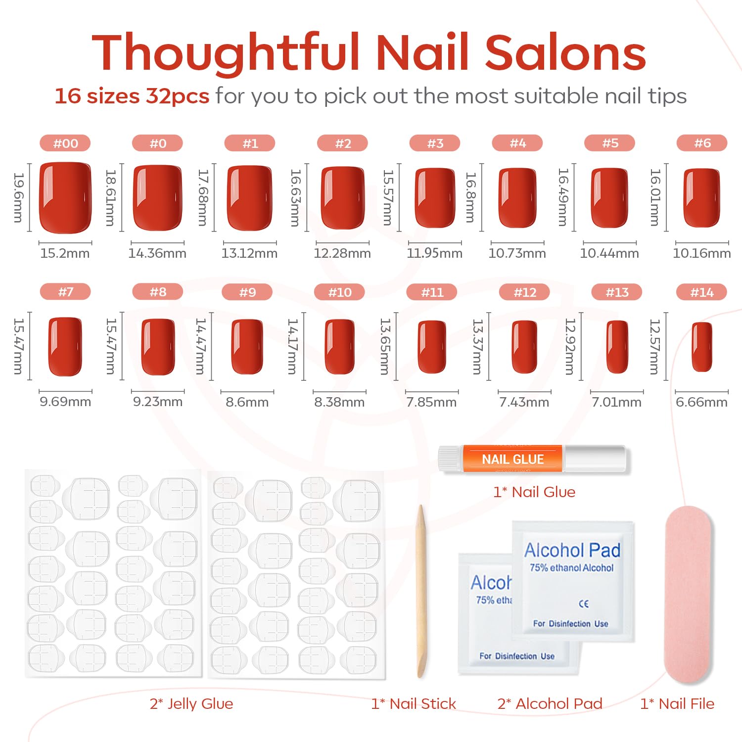 Modelones Red Press on Nails for Women, Fall Halloween Short Square Fake Nails, Reusable Nail Kit with Nail Glue Adhesive Tabs Mini Nail File, Nails Press Ons 32Pcs16 Sizes, Women Girl Gift - Image 3