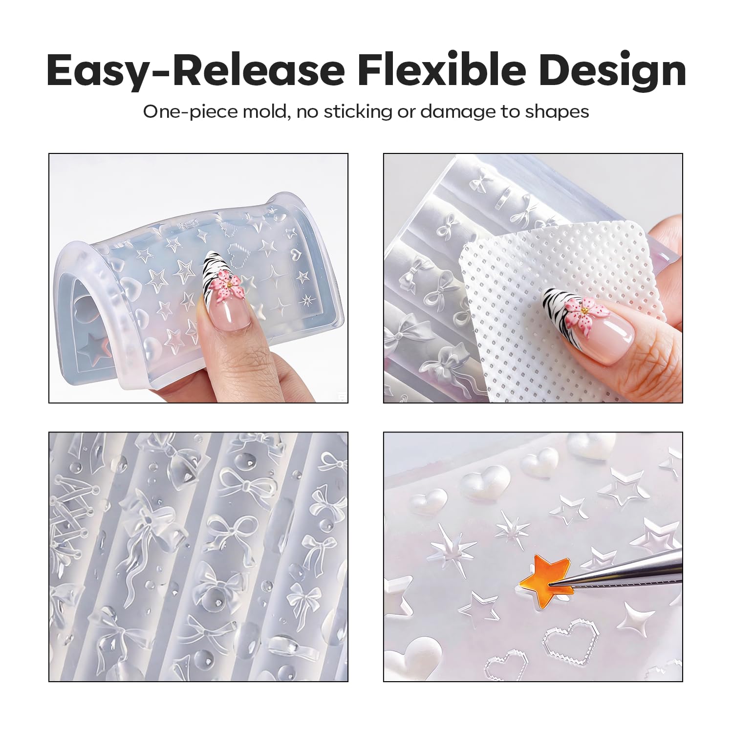 modelones Silicone Nail Art Molds, 2PCS 3D Flowers Nail Charm Molds with Carving Pen Clear Modeling Templates Lace Bow Star Heart Blossom Design Reusable Nail Art Tools Mold for Gel & Acrylic - Image 5