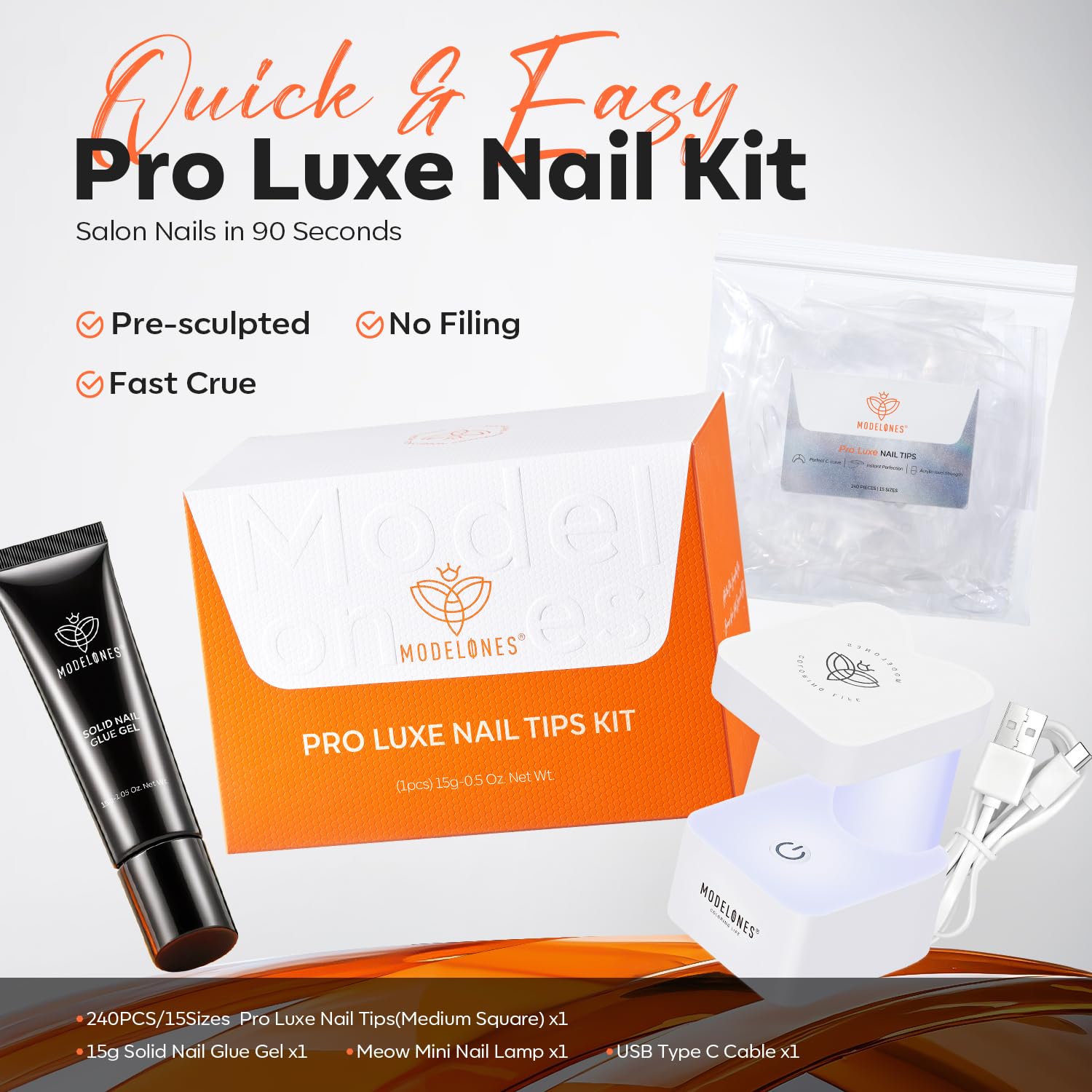 modelones X Nail Gel Kit Almond, 15Sizes Instant Apex False Nail Tips Solid Glue & Mini U/V Lamp, 240Pcs Medium Almond Pre-Building Thick Acrylic Press on Tips LED Light Extension Kit Women Gift - Image 5