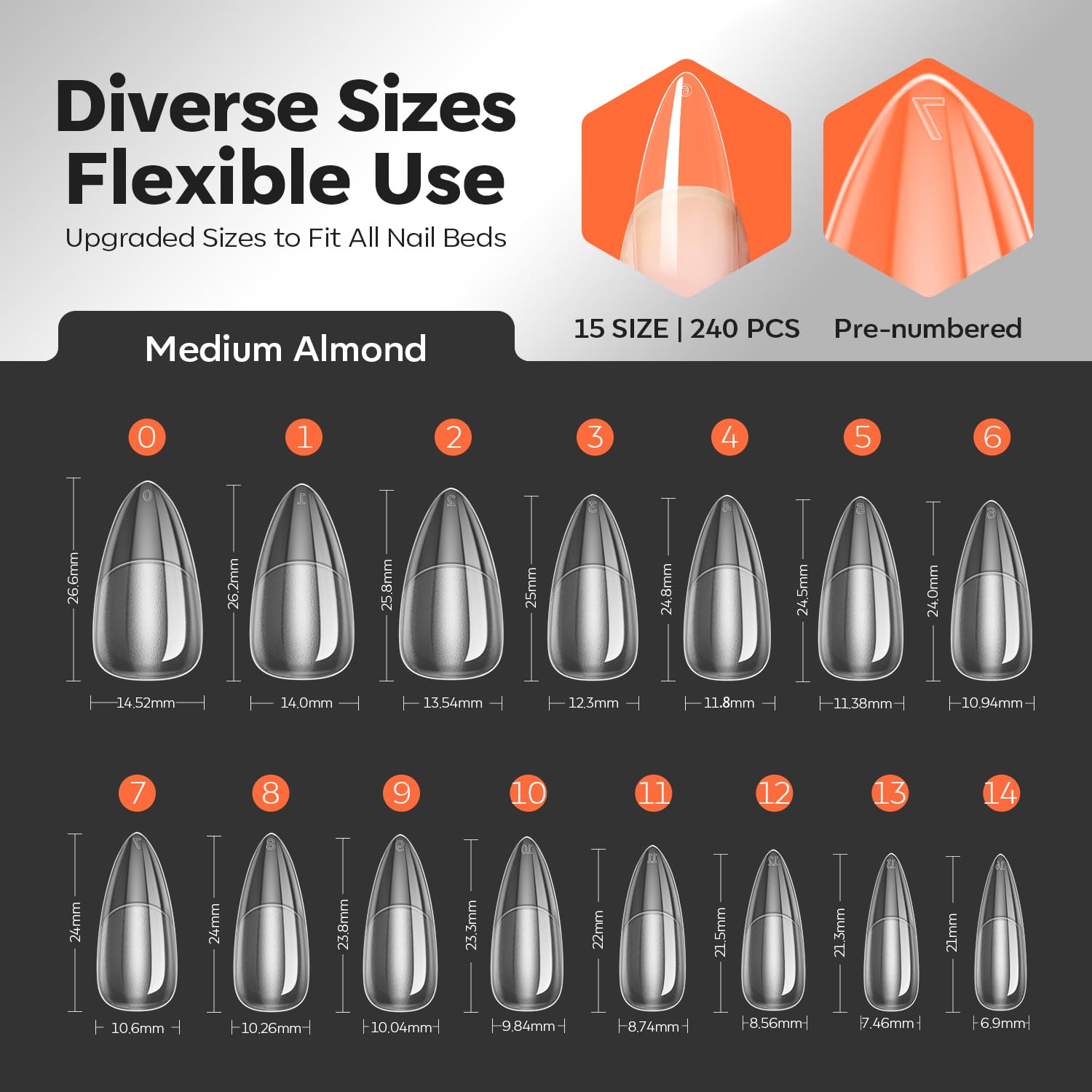 modelones X Nail Gel Kit Almond, 15Sizes Instant Apex False Nail Tips Solid Glue & Mini U/V Lamp, 240Pcs Medium Almond Pre-Building Thick Acrylic Press on Tips LED Light Extension Kit Women Gift - Image 7