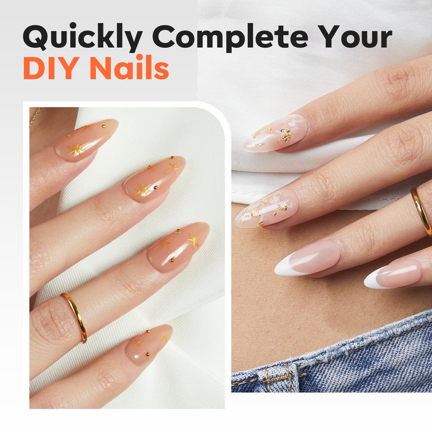 modelones X Nail Gel Kit Almond, 15Sizes Instant Apex False Nail Tips Solid Glue & Mini U/V Lamp, 240Pcs Medium Almond Pre-Building Thick Acrylic Press on Tips LED Light Extension Kit Women Gift - Image 8